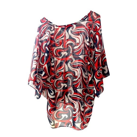 Chaps Retro Sheer Layer Blouse Y2K Bold Artsy Sophisticated Pull Tie Waist 2X - Picture 7 of 9